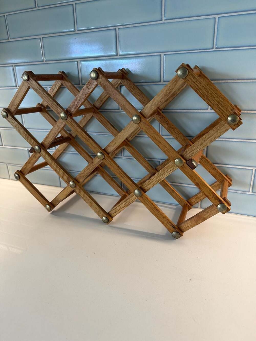 Vintage Mid-Century Modern Accordion Style Wooden Wine Rack
